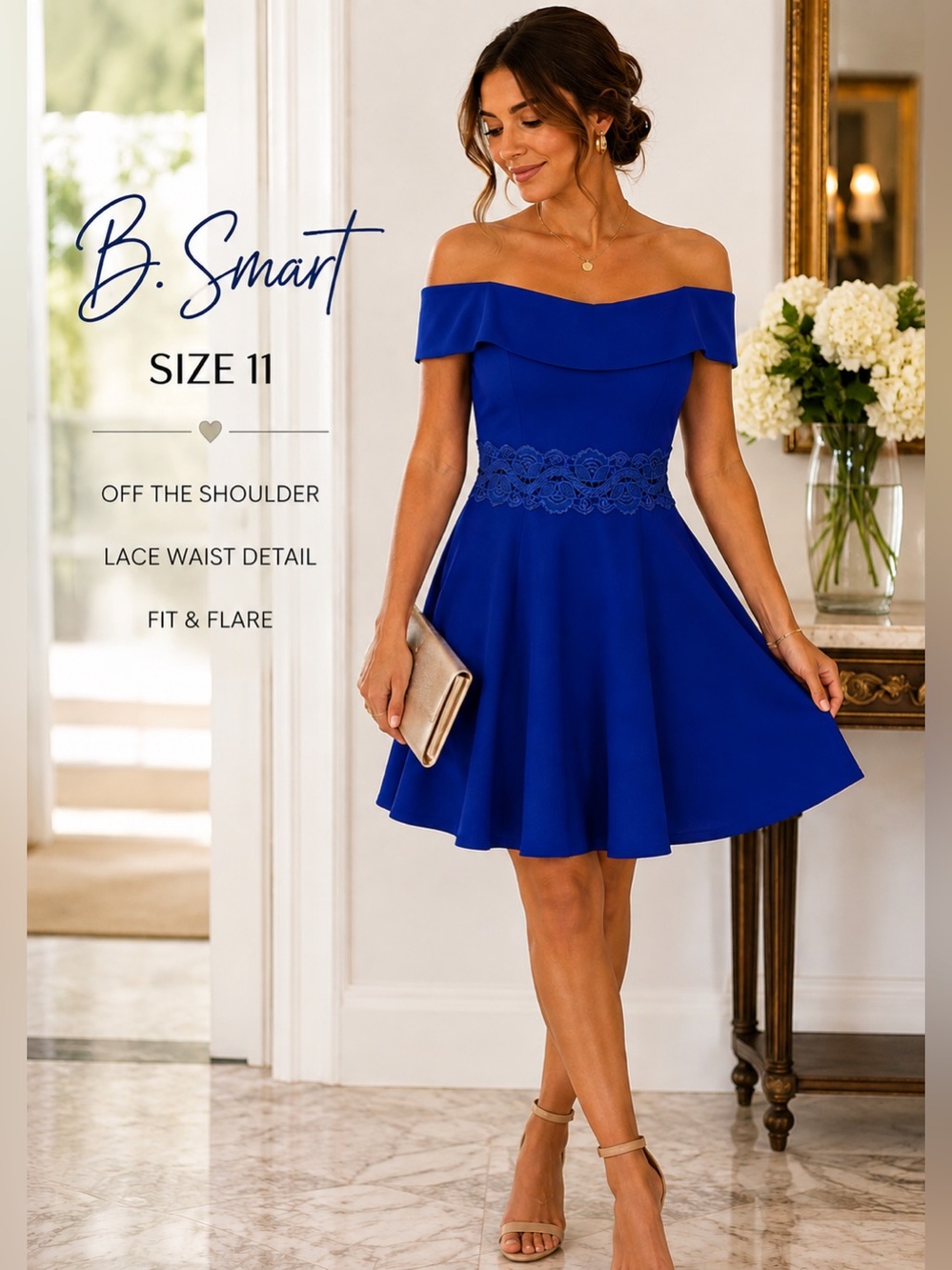 B Smart Dress Size 11 Royal Blue Lace Waist Off Shoulder Fit Flare Cocktail